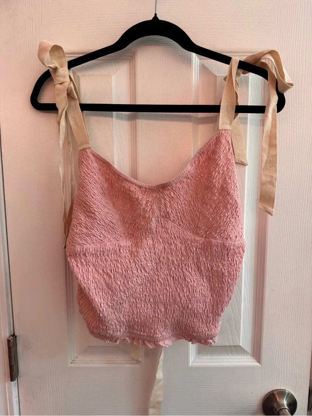 FREE PEOPLE Dawn Smocked Top w/ Ribbons Pink Size Large NWT